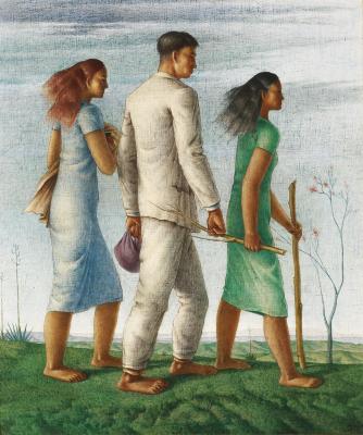 Tres figuras en marcha