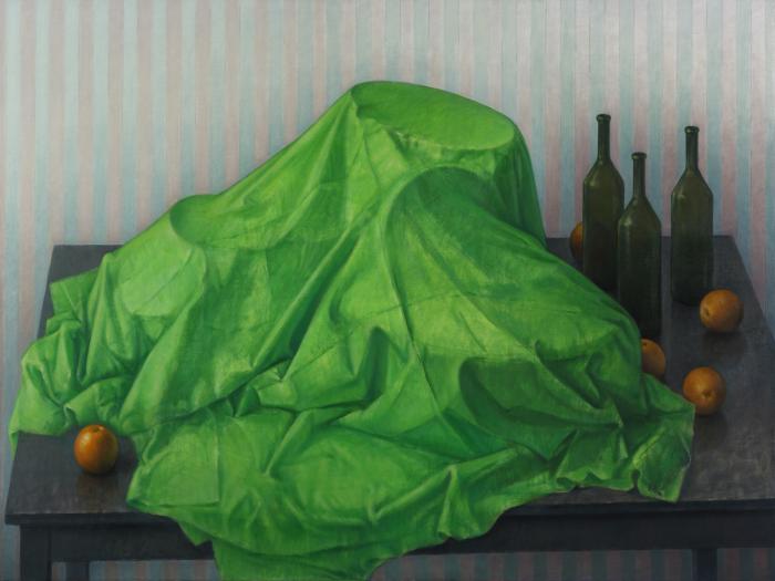 Naturaleza (muerta) con tres botellas y cinco naranjas
