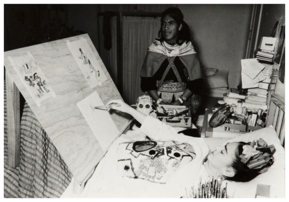 Sin título [Frida Kahlo pintando, con su modelo a su lado, en el Hospital Inglés], del Archivo Raquel Tibol